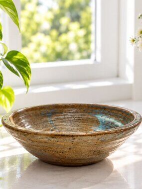 Handmade Vintage Ceramic Bowl With Earthy Brown & Turquoise Glaze 8" Diameter